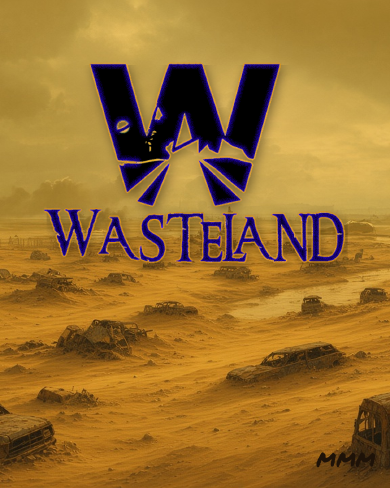 Wasteland: the W logo over a golden desert of wrecked cars and oil flare stacks